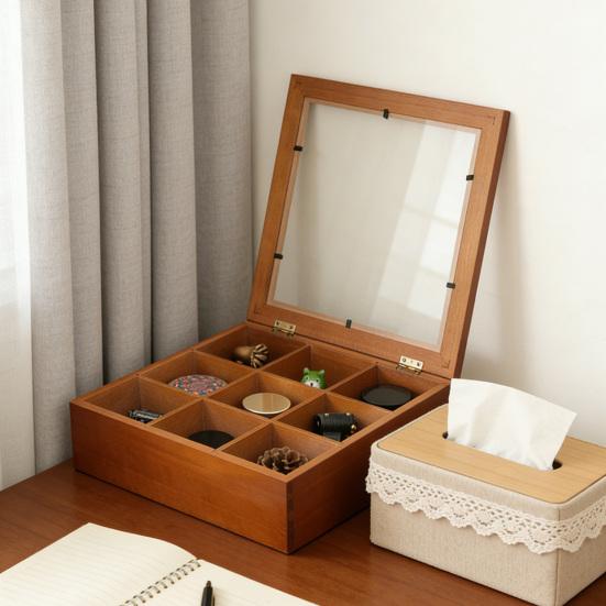 Деревянный ящик для хранения с 9 отделениями, коробка для коллекции камней с прозрачной акриловой крышкой, ретро-кейс для хранения ювелирных изделий, кристаллов и мелких предметов коллекционирования