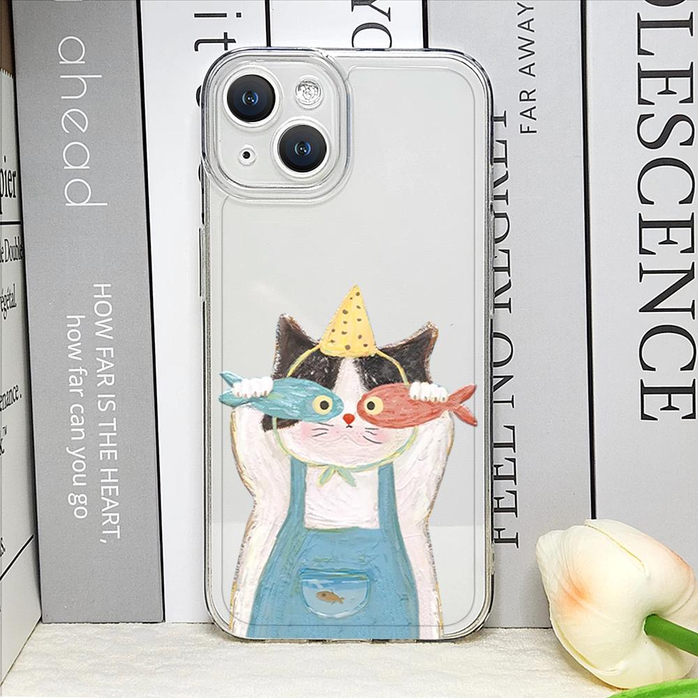 Смешная мультяшная пара Кот и Рыба парный чехол для телефона для IPhone 16 15 14 11 12 13 Pro Max 7 8 Plus Mini XS XR Прозрачный мягкий чехол Fundas