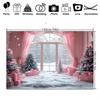 1pc polyester Christmas background with snow scene, pink curtains and holiday decorations - Winter holiday banner decoration