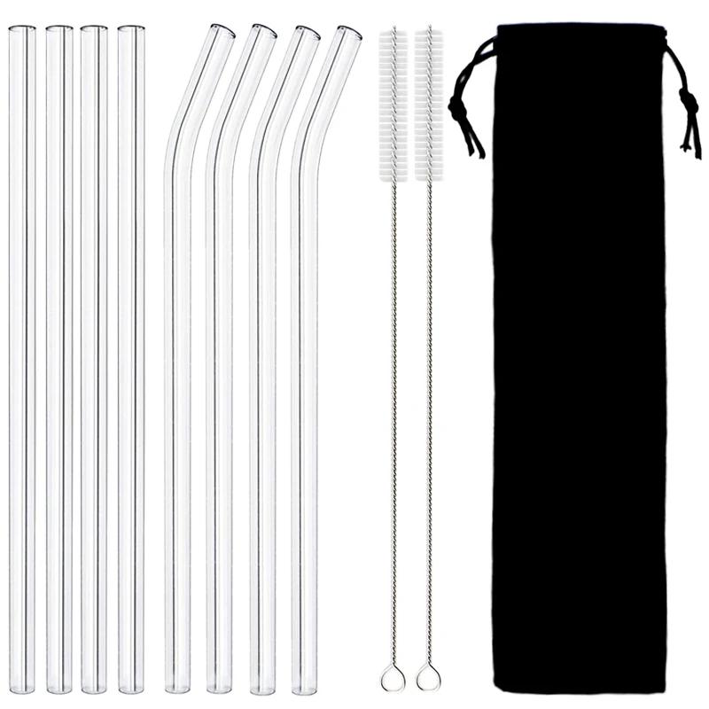 Набор из 8 шт. соломинок из высокоборосиликатного стекла, многоразовые, экологичные, для питья, для смузи, коктейлей, барные аксессуары, соломинки, щетка