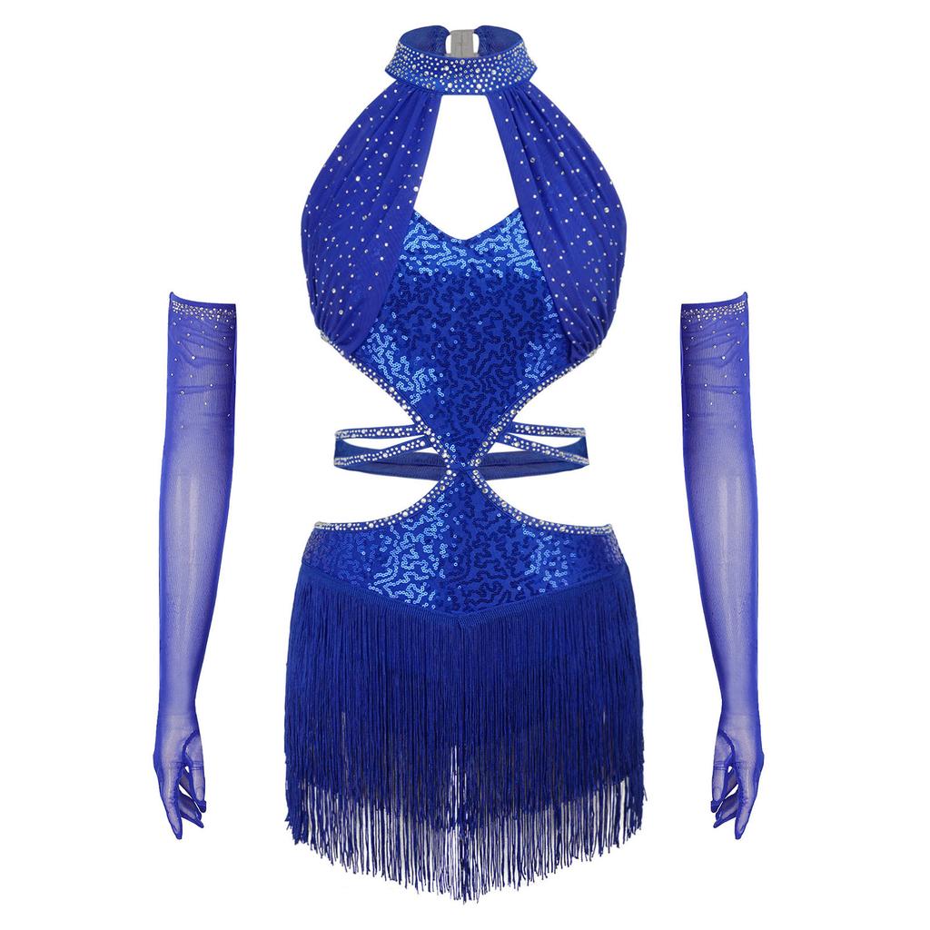 Women Latin Dance Fringed Dress Cutout Sleeveless Strappy Waist Tassel Hem Sequined Dress with Long Gloves