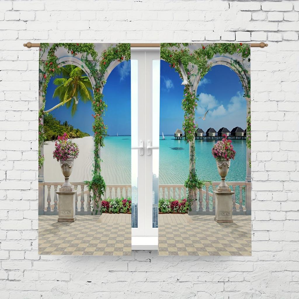 2pcs Landscape Seaside Coconut Tree Blue Sky White Cloud Printed Translucent Curtain Multi-scene Polyester Rod Pocket Decorative