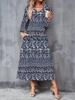 2025 Осень и Зима Новое Женское Повседневное Модное Платье 3D Ретро Принт с Узором Длинный Рукав V-образный Вырез А-силуэт Платья