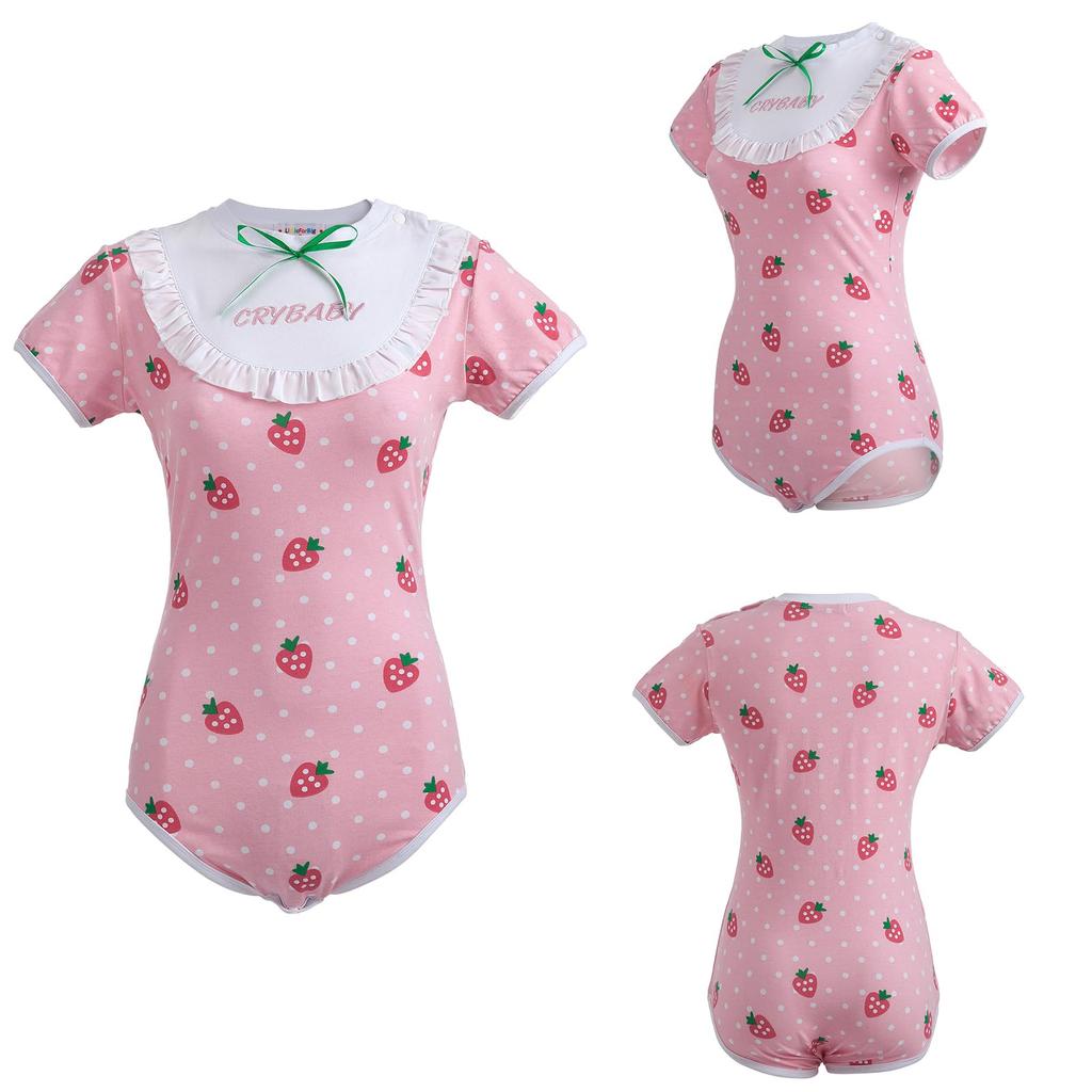 LittleForBig Взрослый ромпер Клубничная хлопковая пижама с ленточным бантом и размер XL [Милый принт] Рюши, Клубника,