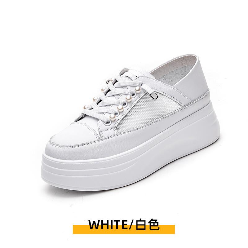 Two Wearing Little White Shoes Women's Spring and Summer New Mesh Breathable Lightweight Thick Sole Heightening Soft Leather Lace-up Casual Shoes