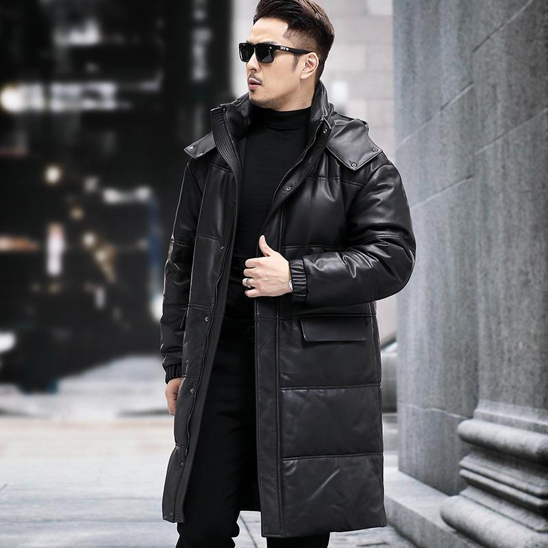 Новая зимняя кожаная куртка-пуховик, первый слой овчины, ветровка, теплая длинная куртка с капюшоном из натуральной кожи для мужчин