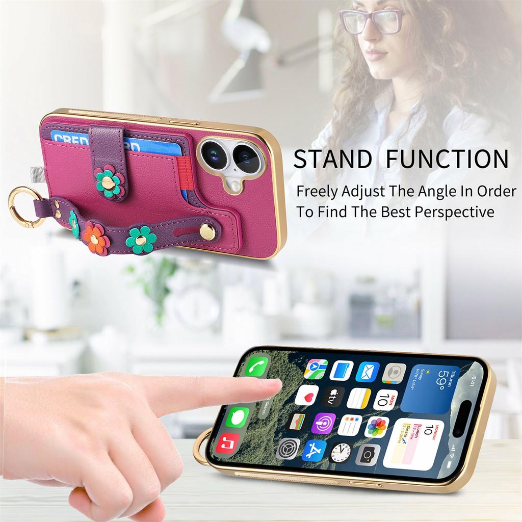 For iPhone 16 Case Card Holder Leather Back Cover 3D Flower Wristband - Purple