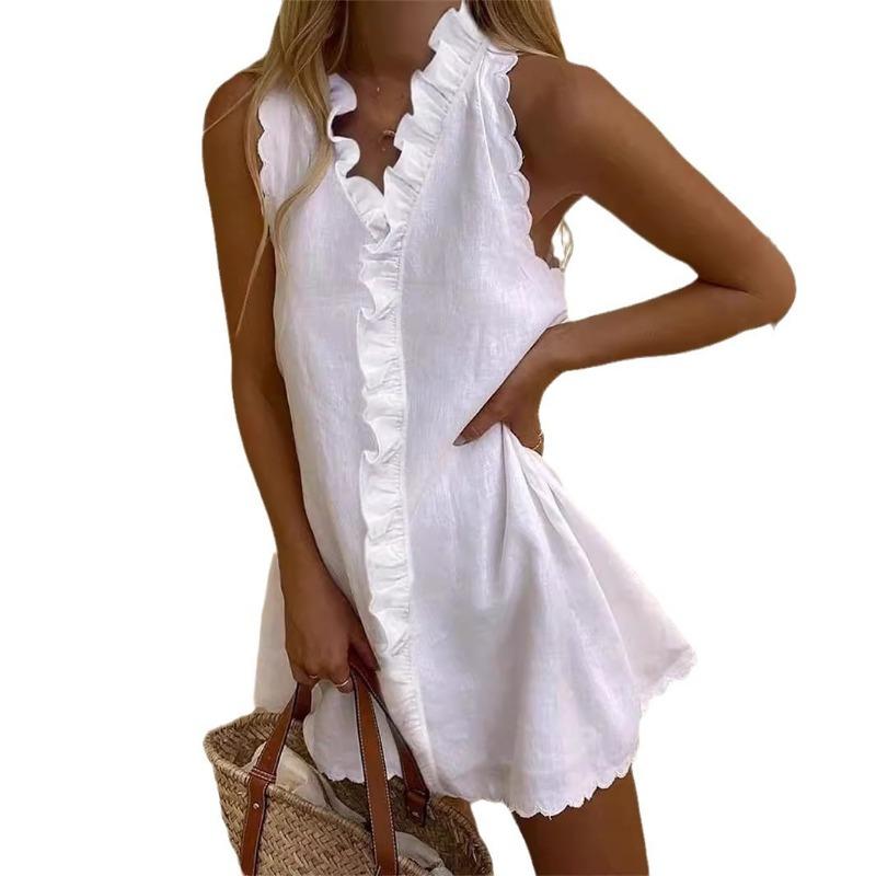 Модное летнее платье без рукавов с оборками, повседневное женское платье с V-образным вырезом, однотонное, свободного кроя, простое, элегантное, милое, А-силуэта, для вечеринок, короткое платье, женская одежда