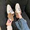 Aphixta Crystal Square Buckle Warm Winter Slipper Real Fur Women Mule Furry Shoes Square Toe 4.5cm Med Heel Black Modern Slides