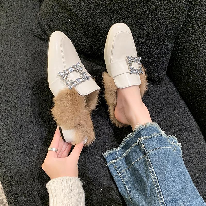 Модные зимние тапочки Aphixta с квадратной хрустальной пряжкой, из натурального меха, женские мюли, пушистая обувь, квадратный носок, средний каблук 4,5 см, современные шлепанцы черного цвета