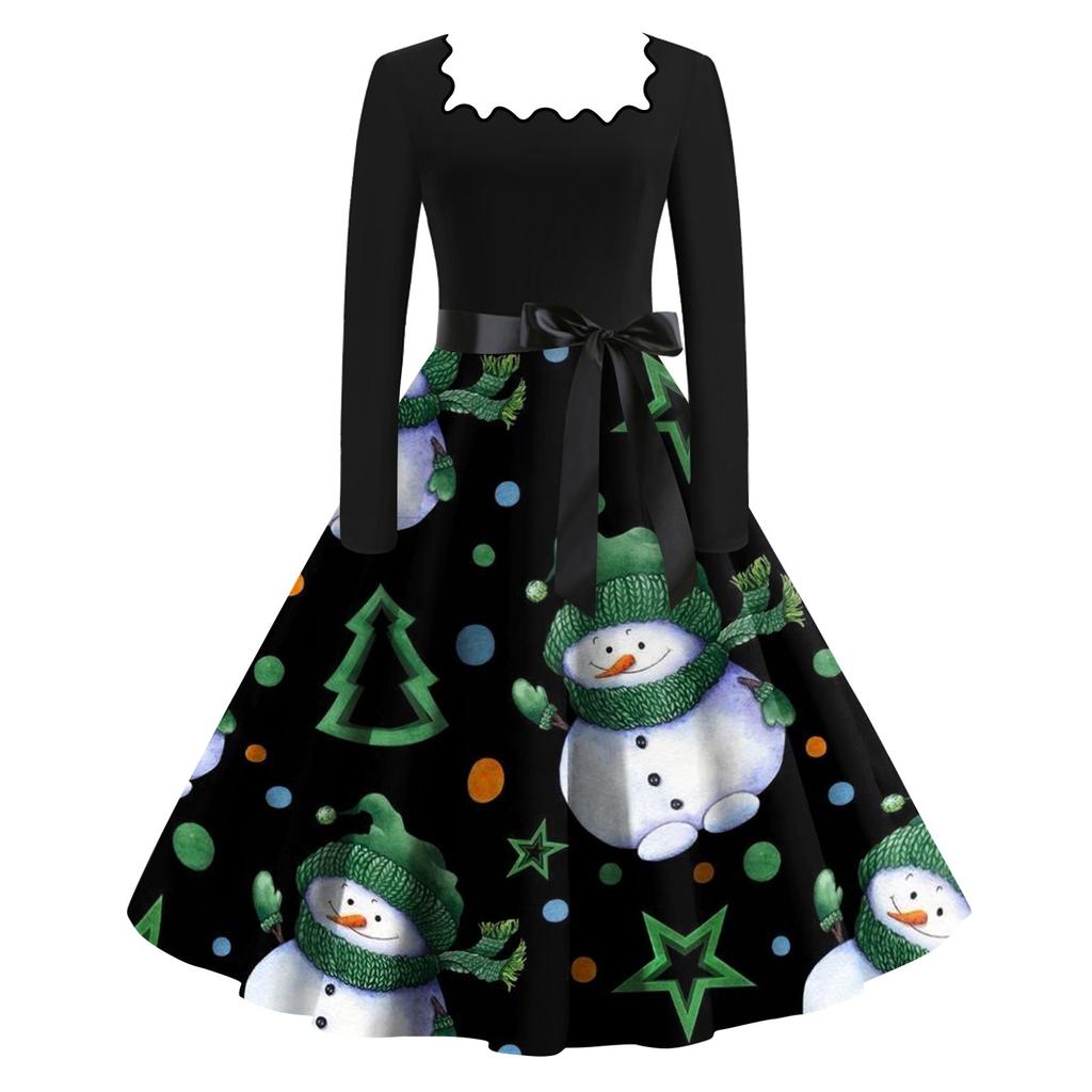 Женские повседневные модные платья с длинными рукавами и рождественским принтом с квадратным вырезом в винтажном стиле