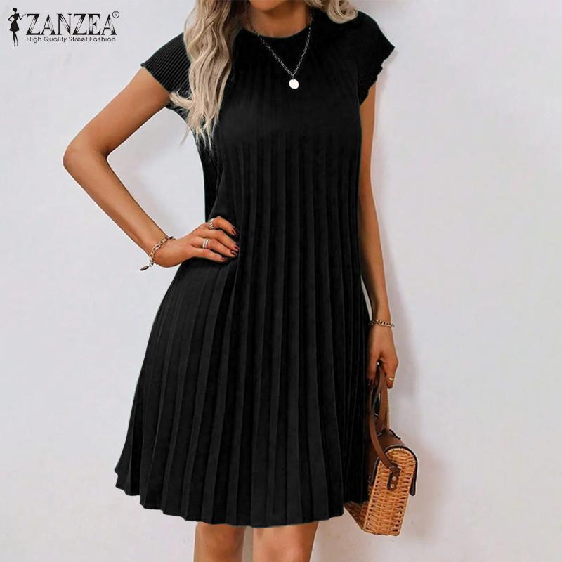 ZANZEA Женское летнее повседневное платье с круглым вырезом, коротким рукавом, свободного кроя, плиссированное