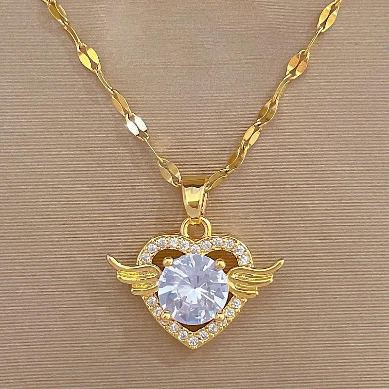 Модные Сердечные Нержавеющая Сталь Цирконий Ожерелья Для Женщин Девушек Любовь Золотой Цвет Металлический Ожерелье Вечеринка День Рождения Ежедневные Украшения