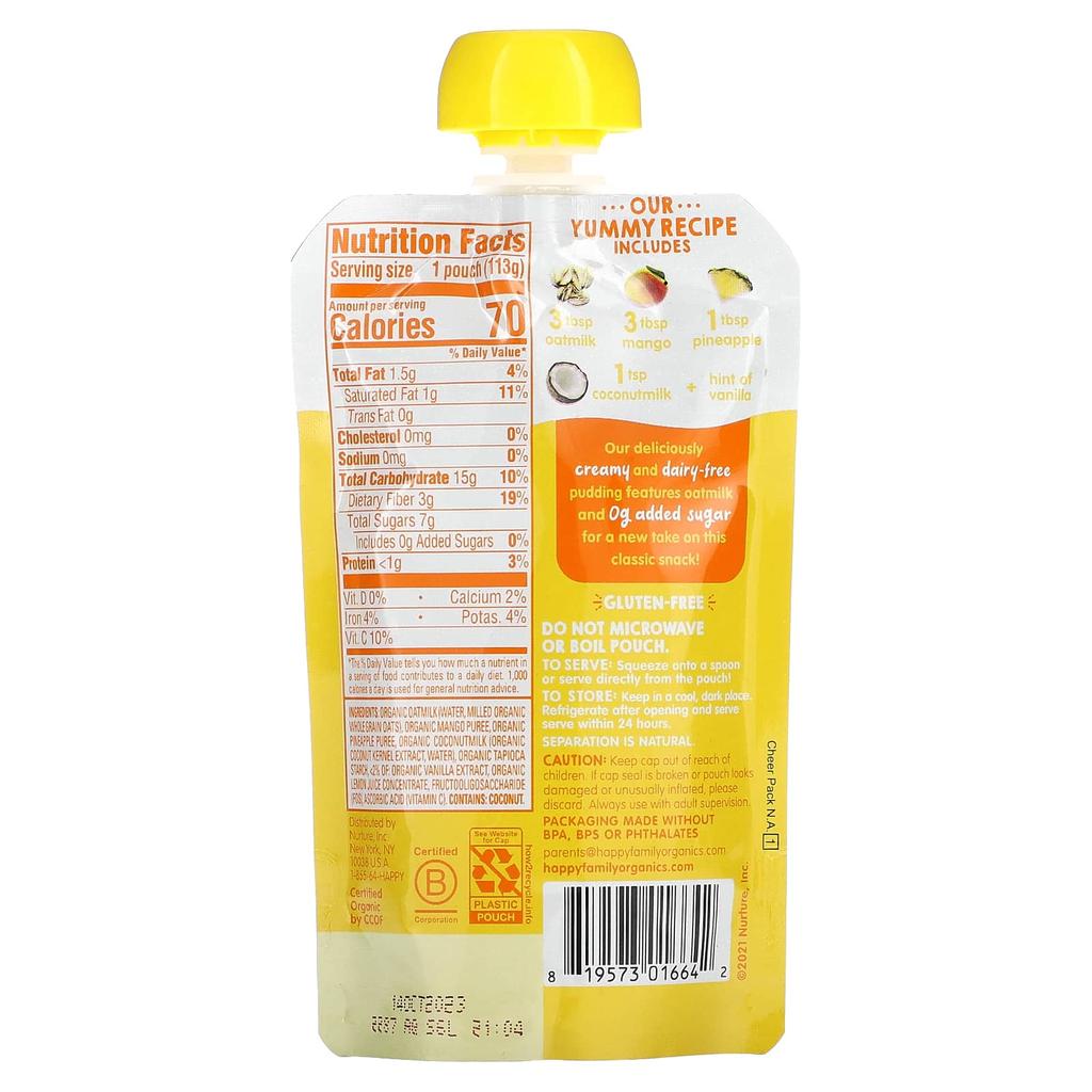 Happy Family Organics Happy Tot, Oatmilk Pudding, Step 4, Organic Oatmilk, Mango, Pineapple and Coconut Milk, 4 Oz (113 G)