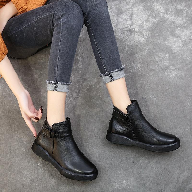 Fashion GKTINOO Winter Genuine Leather Ankle Boots Round Toe 2024 Handmade Lady Soft Flat Shoes Comfortable Side Zip Short Boot