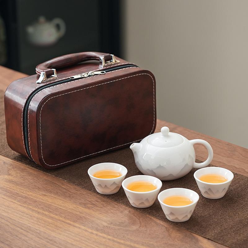 Chinese Dehua suet jade travel tea set ink landscape kung fu tea set car outdoor express cup business gift
