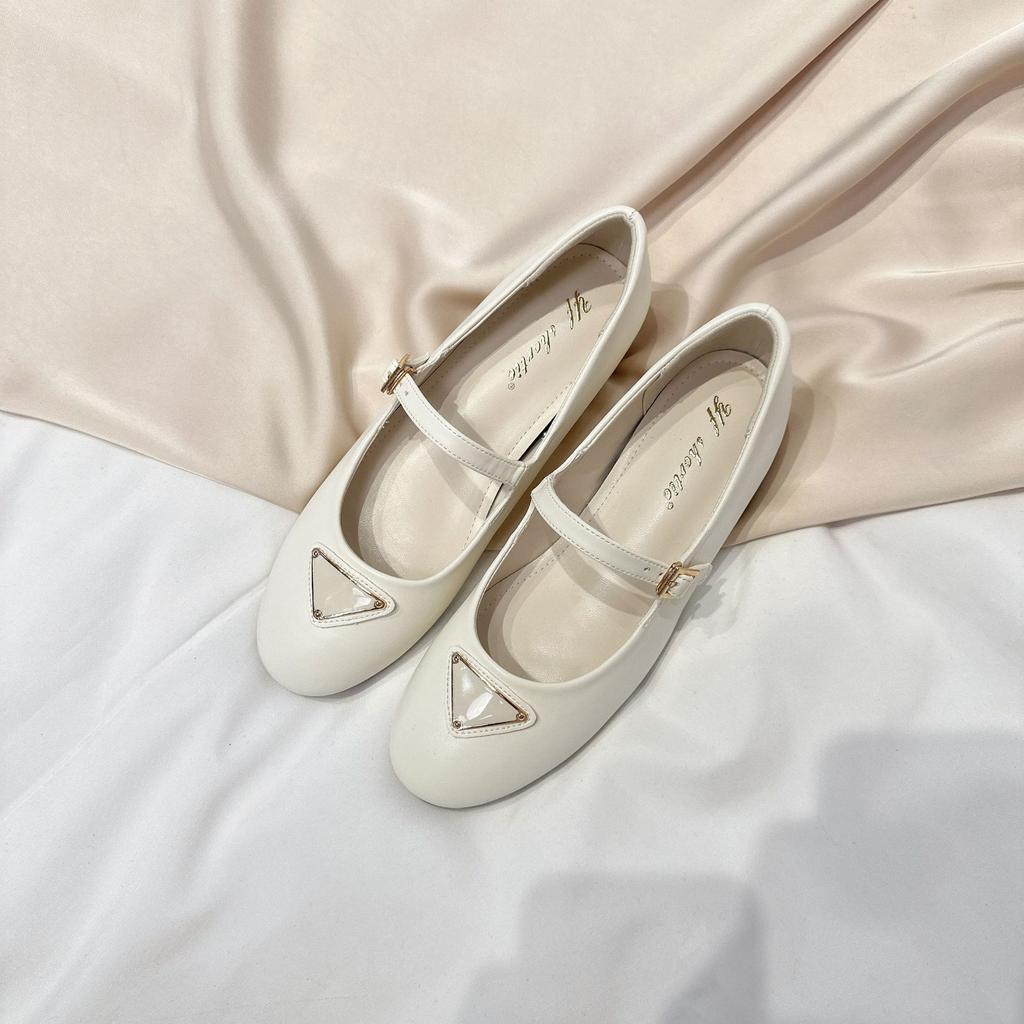 Sheepskin Version~ Height Increase 5cm Metal Triangular Mark Round Head Mary Jane Shoes Women's Small Fragrant Style Word with Shallow Mouth Single 