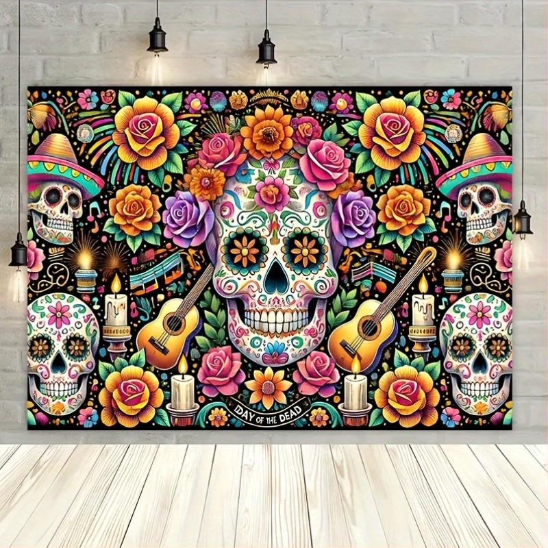 A colorful sugar skull banner - a reusable backdrop for Halloween parties.zyc