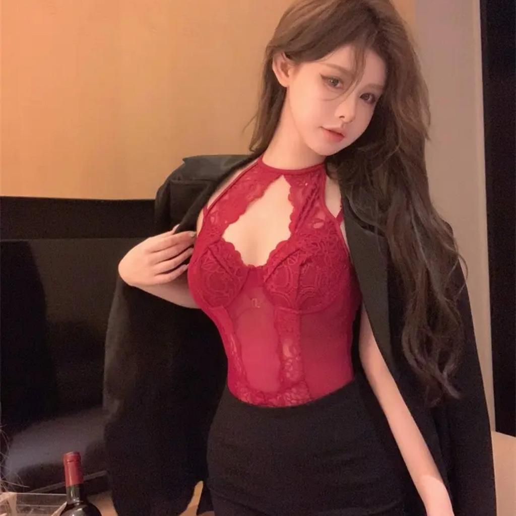 Sexy Underwear Lace Mesh Splicing Perspective Hollowed-out Straps Street Babes Style Chest Pad Onesie