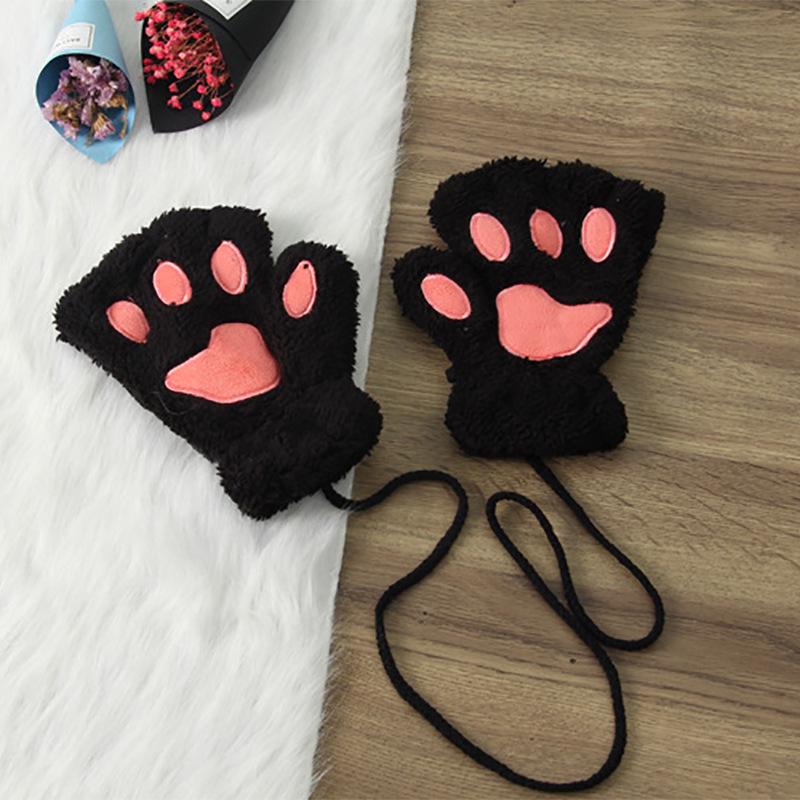 Winter Cute Cartoon Half-Finger Fleece Gloves for Women, Bear & Cat Paw Design.