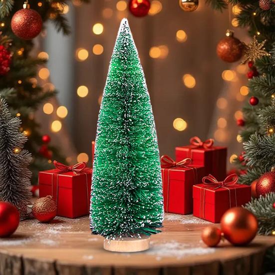 Mini Christmas Tree Sisal Snow Frost Artificial Pine Tree With Wooden Base