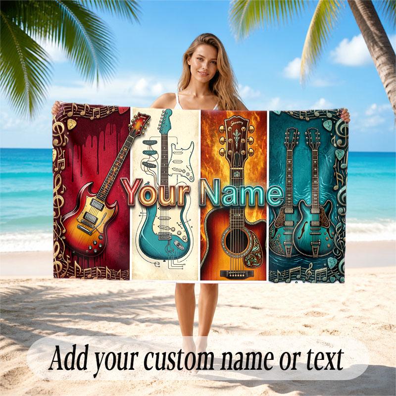 Music Guitar Theme Beach Towel Personalized Custom Name & Text Soft Quick Dry Beach Towel for Swimming Travel