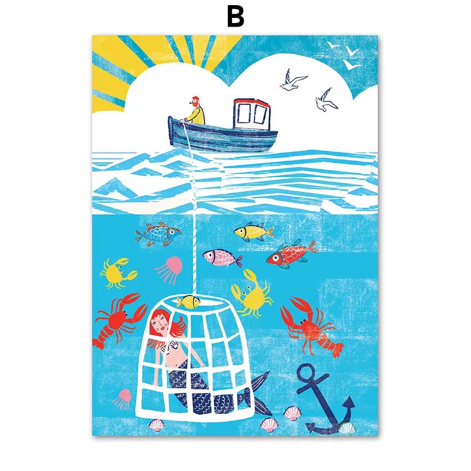 Капитан Чайки Краб Русалка Серфер Морской Пляж Корабль Настенная Живопись Холст Картины Плакаты И Принты Декор Картины Для Гостиной