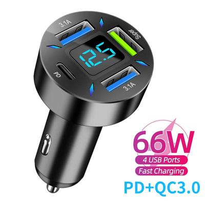 Автомобильное зарядное устройство с 4 USB QC 3.0 PD, зарядное устройство для мобильного телефона с быстрой зарядкой, адаптер питания 66 Вт для iPhone, Huawei, Samsung с цифровым ЖК-дисплеем, измеритель напряжения