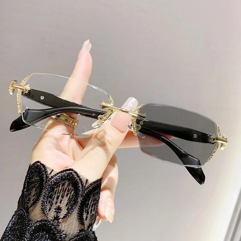 Fashion And Luxurious Photochromic Myopia Glasses Frameless Cut Edge High-End Metal Frame Blue Light Blocking Eye Protection