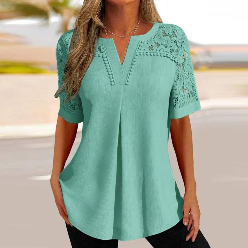 Рубашки с коротким рукавом для женщин, кружевные лоскутные футболки, блузки, повседневные базовые топы, пуловеры