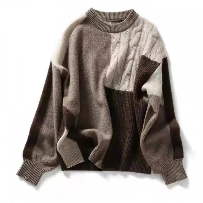 Temperamental Twist Color-blocking Round Neck Slim Sweater for Women In Autumn and Winter New Fashion Casual Pullover Long-sleeved Knitted Sweater