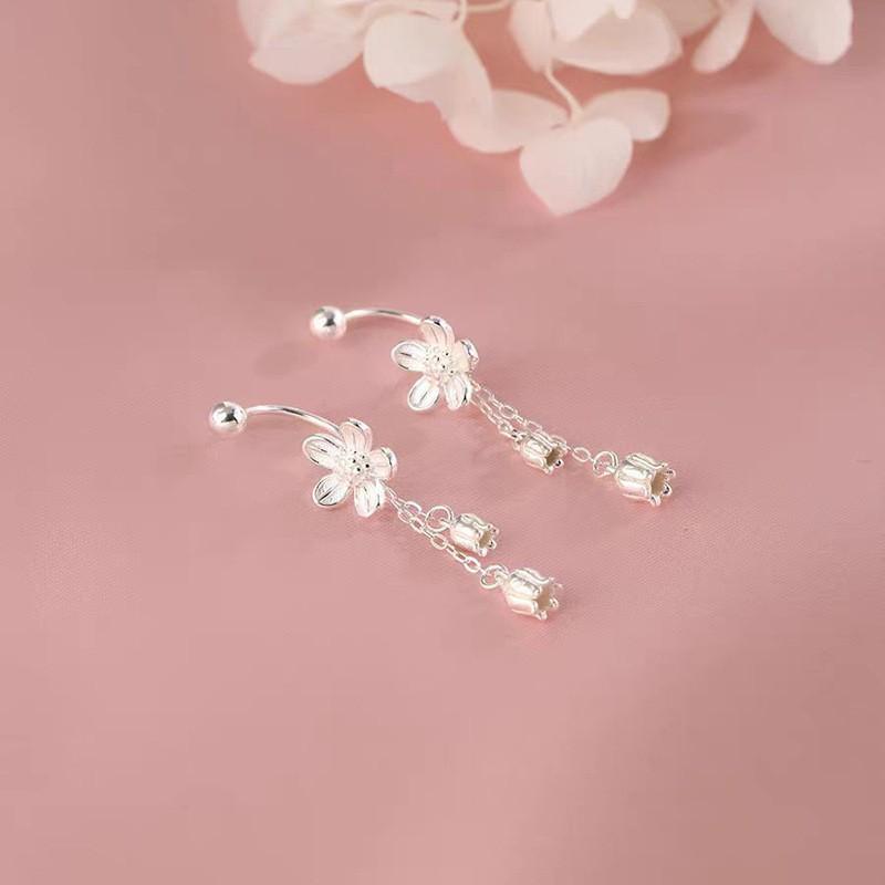 925 Silver Needle Lotus flower Short Tassel Bead Screw Plant Stud Earrings For Women Cute Fine Jewelry Trendy Accessories