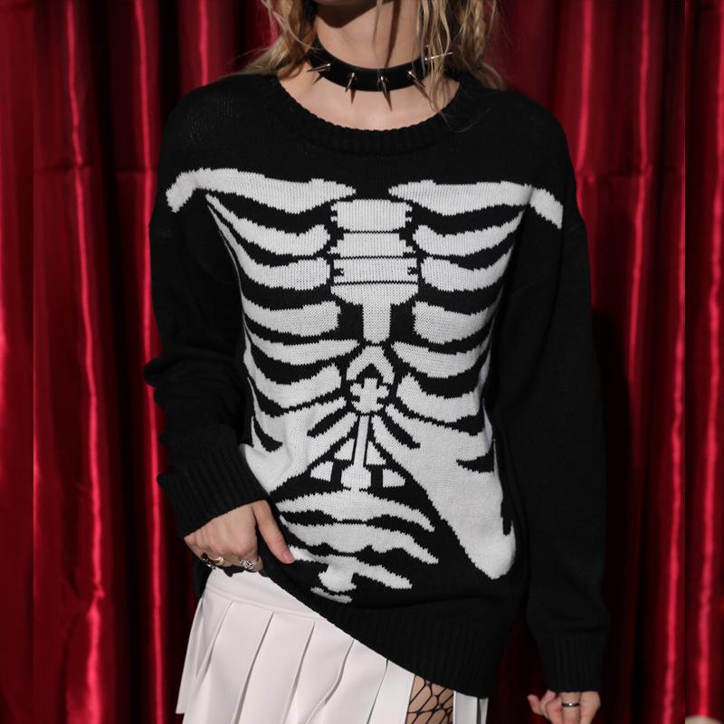 Готический свитер-пуловер женский Y2K Printed Top осень Хэллоуин свитер темный субкультура череп свободный свитер с длинными рукавами для женщин