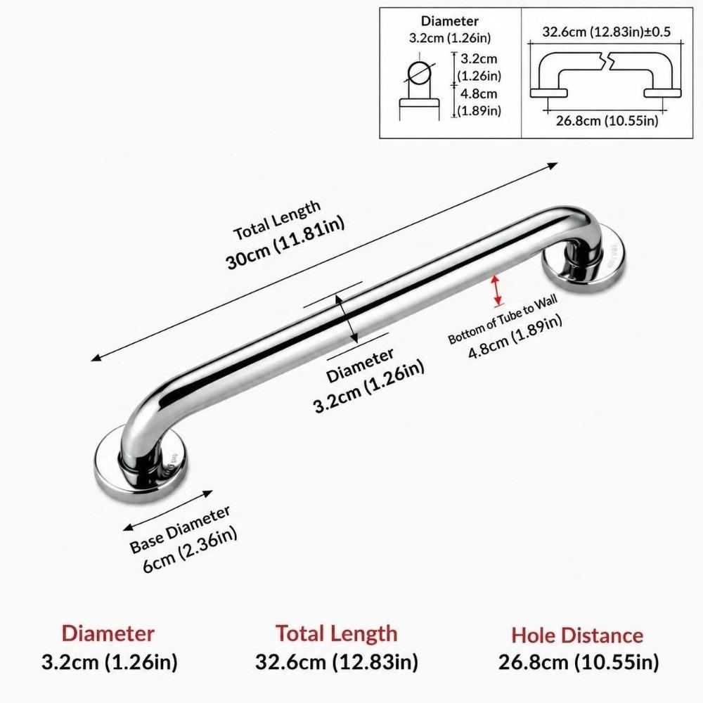 Anti-Slip Safety Rail 11.81" L x 1.26" D Bathroom Handrail Sturdy Bath Safety Bar For Disabled