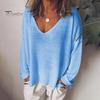Women T-shirt V-Neck Long Sleeve Loose Fit Tee Shirt Solid Color Breathable Casual Pullover Tops Daily Wear