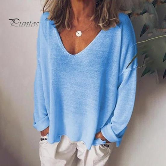 Women T-shirt V-Neck Long Sleeve Loose Fit Tee Shirt Solid Color Breathable Casual Pullover Tops Daily Wear
