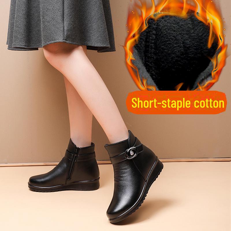 Женские нескользящие короткие ботинки из хлопкового бархата для людей среднего и пожилого возраста - теплая зимняя кожаная обувь для мам и бабушек