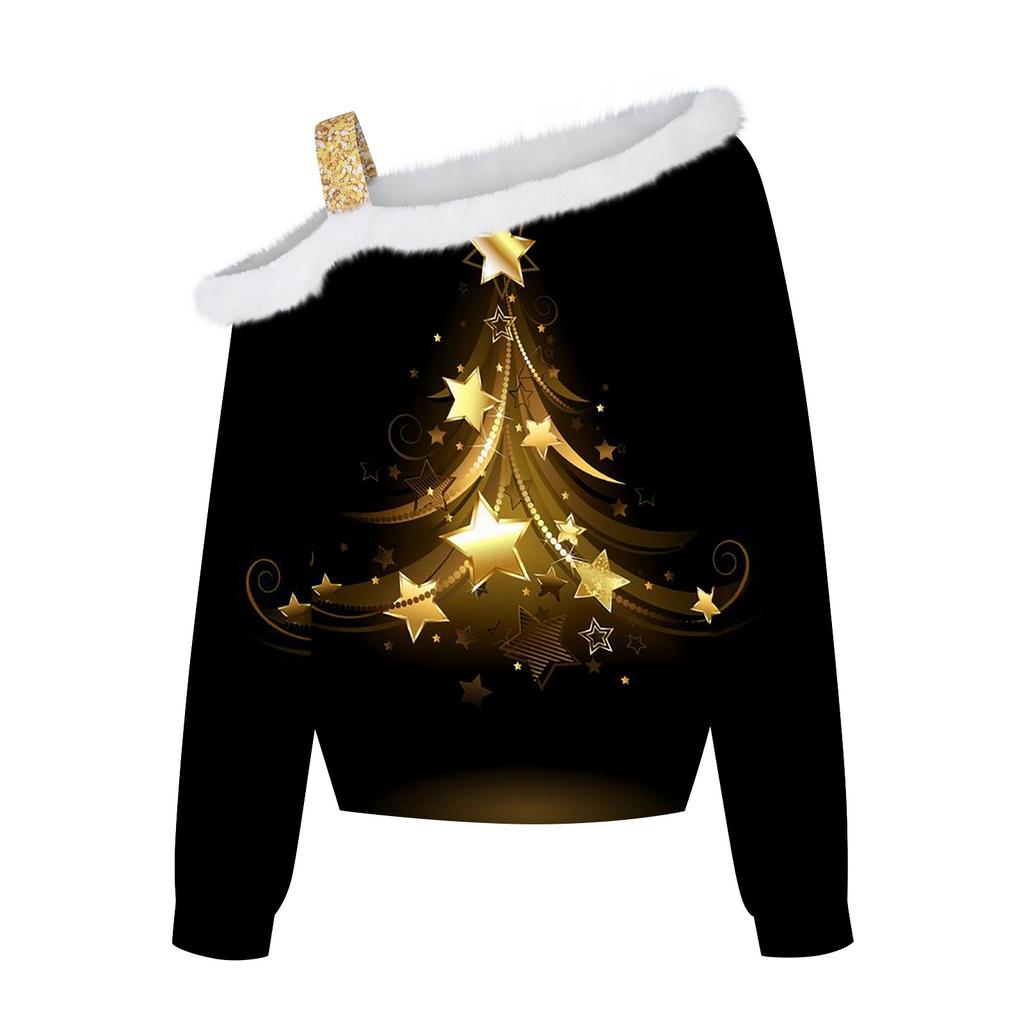 Женские топы с длинными рукавами. Модные женские свободные пуловеры с открытыми плечами с рождественским принтом.