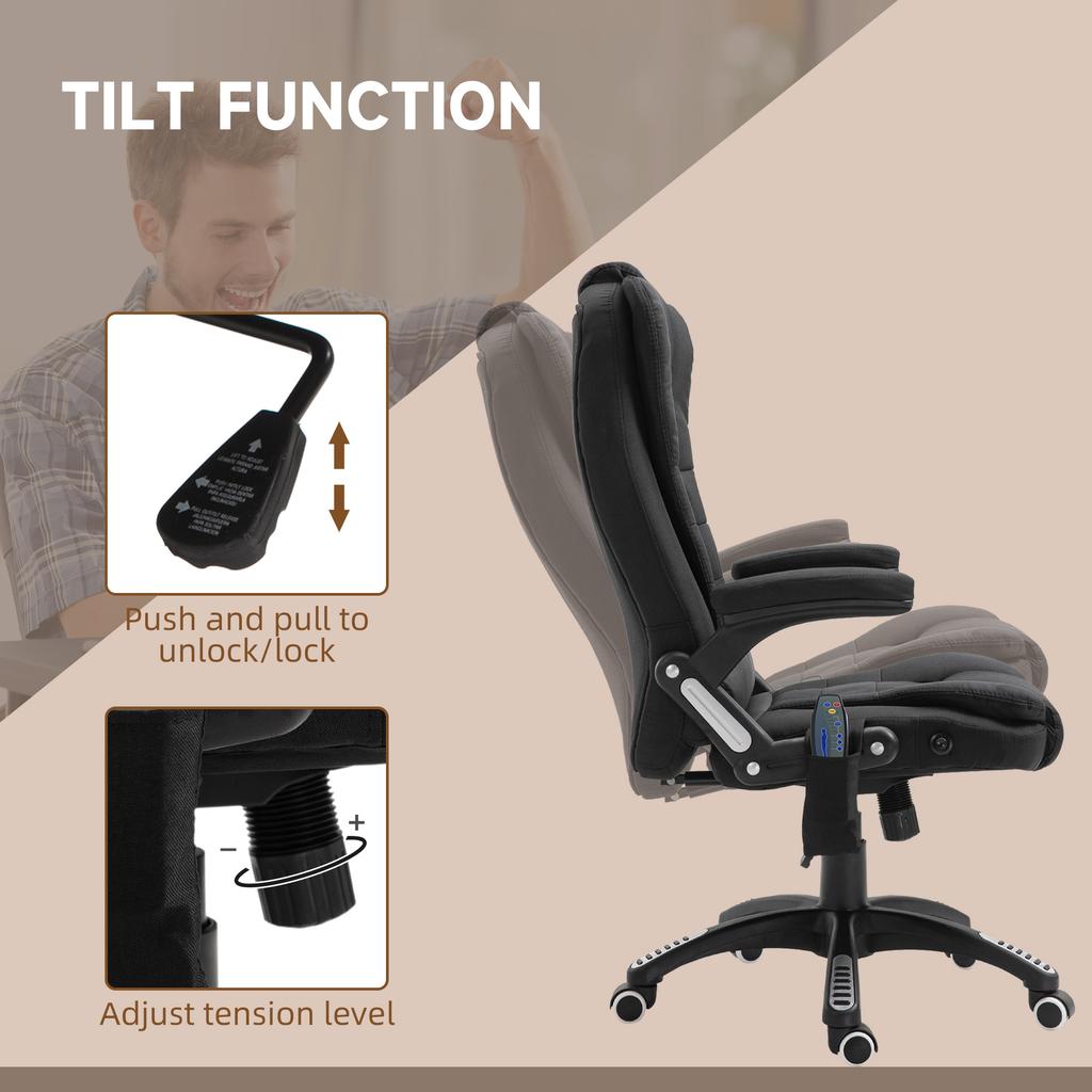Massage Recliner Chair Heated Office Chair with Six Massage Points Linen-Feel Fabric 360 degrees Swivel Wheels Black