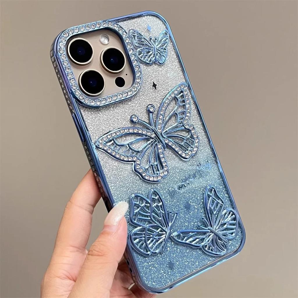 Женский чехол для телефона с бриллиантовой бабочкой для iPhone 17 16 Pro Max 11 12 13 14 15 Plus, прозрачный, с покрытием, мягкий силиконовый чехол
