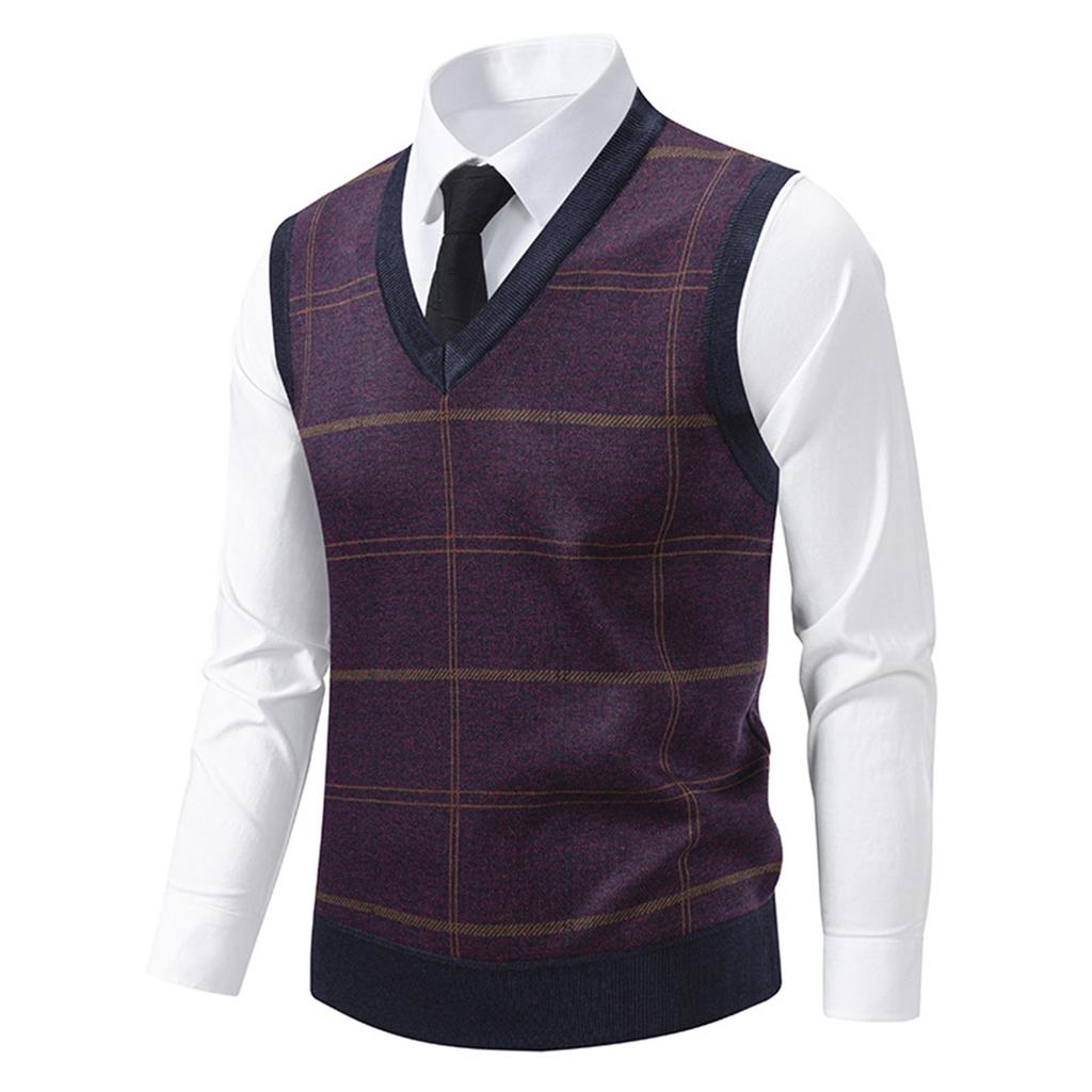 Men's Winter Fleece-Lined Plaid Vest, Pullover, Loose-Fitting Men's Sleeveless Sweater Vest