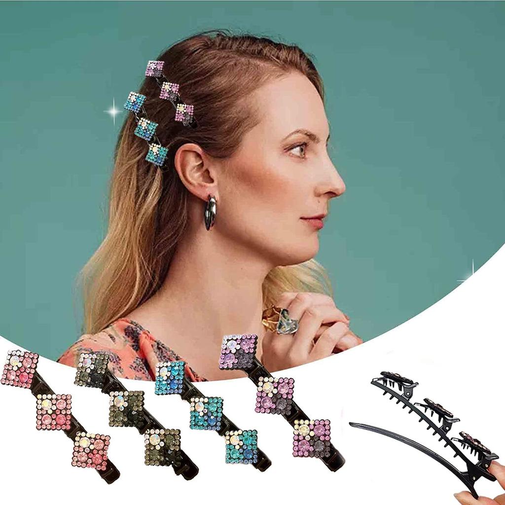 4pcs Sparkling Crystal Stone Braided Hair Clips Women Satin Fabric Hair Clips,Rsvelte Braided Hair Clip with 3 Small Clips, Multi Clip Hair Barrette