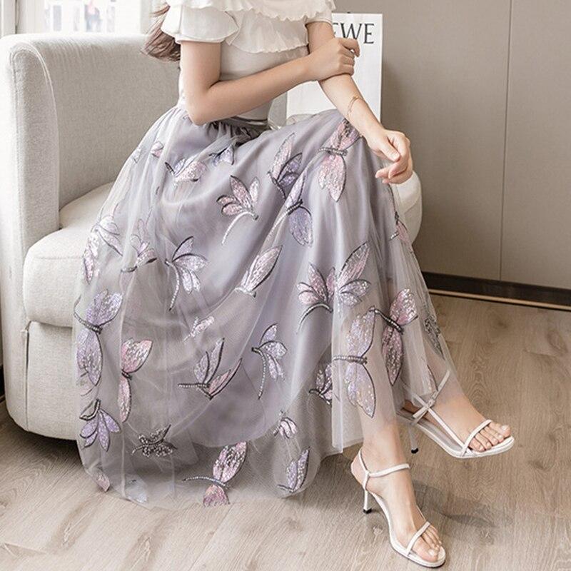 Qooth Женская тюлевая газовая юбка с вышивкой стрекозой, элегантная сетчатая юбка миди с эластичной резинкой на талии на все времена QT2202