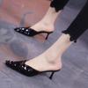 Fashion Nude Lace Pointy Wrap Toe Kitten Heels Slippers Women Clear Mesh Inlaid Rhinestone Slippers Summer Sexy Party Shoes Woman Mules