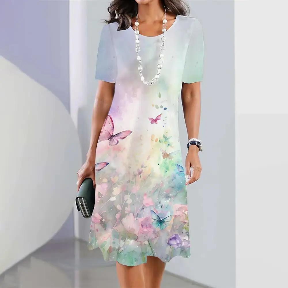 Платья для женщин больших размеров с принтом в виде 3D-бабочки и цветов Элегантная одежда с короткими рукавами Платье А-силуэта в стиле ретро Цветная одежда