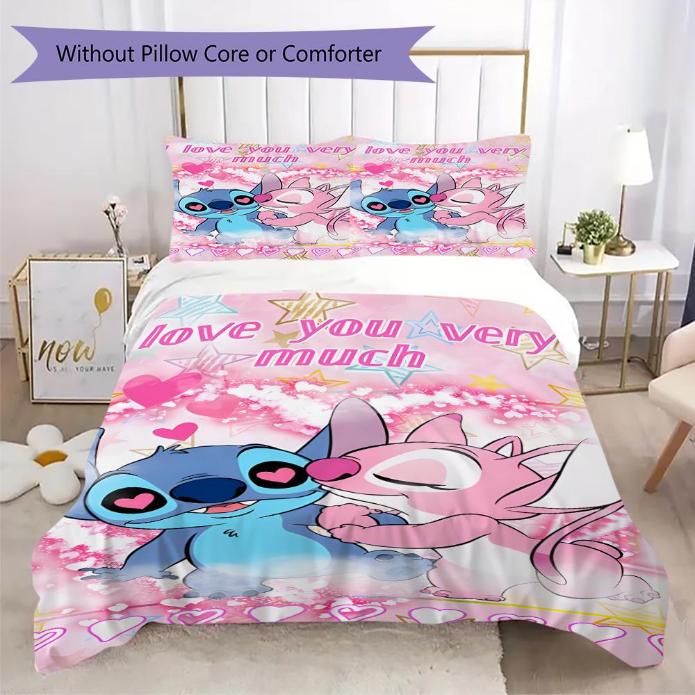 Stitch and Angel Purple Background Pink Heart Print Bedding Set 3pcs Duvet Cover Pillowcase Cartoon Bed Linens Bedroom Decor