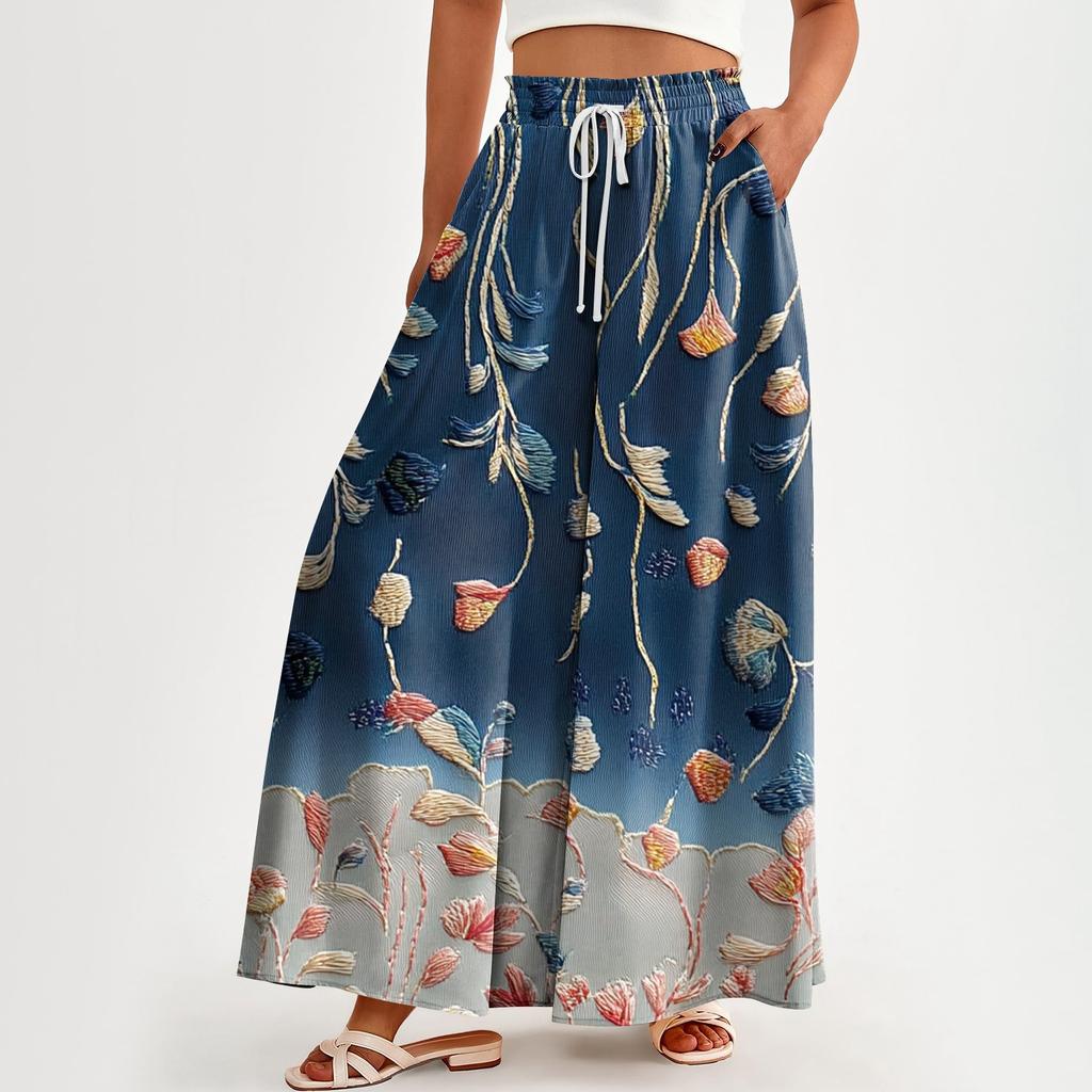 Женские брюки с высокой талией и карманами, повседневные брюки с цветочным принтом