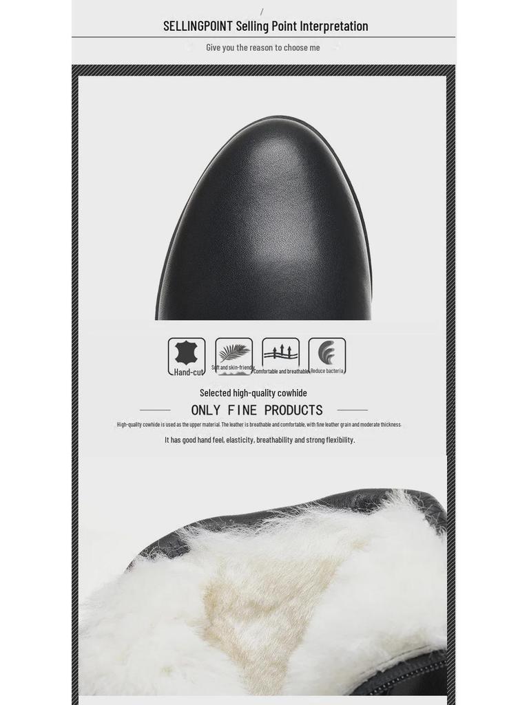 Women's Winter Flat Boots: Thick-Heeled Cowhide with Warm Velvet for Middle-Aged & Elderly