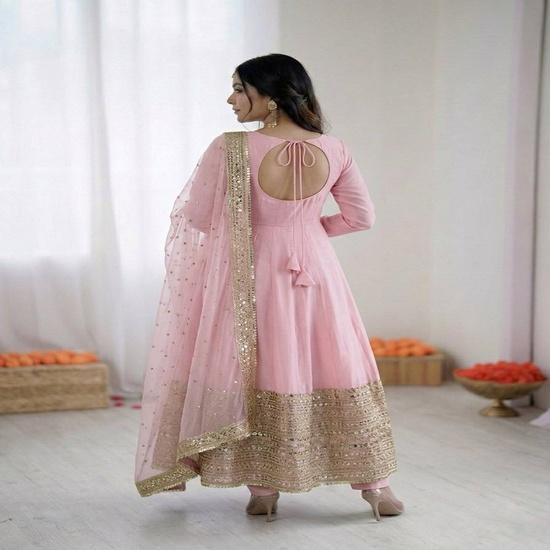 Heavy Mirror & Zari Work Flared Silk Anarkali Suit Set