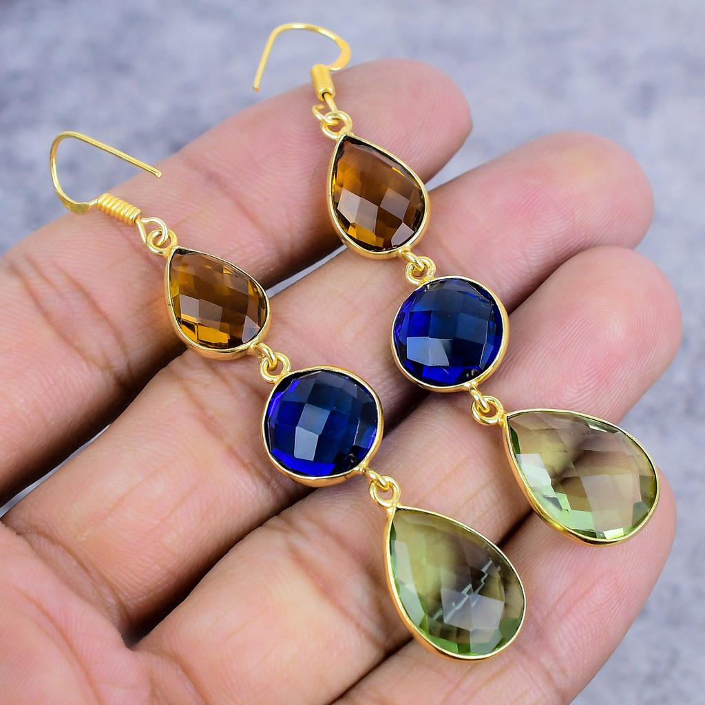 Peridot, Blue Topaz Gemstone 925 Sterling Silver Jewelry Earring 2.99" M-2648